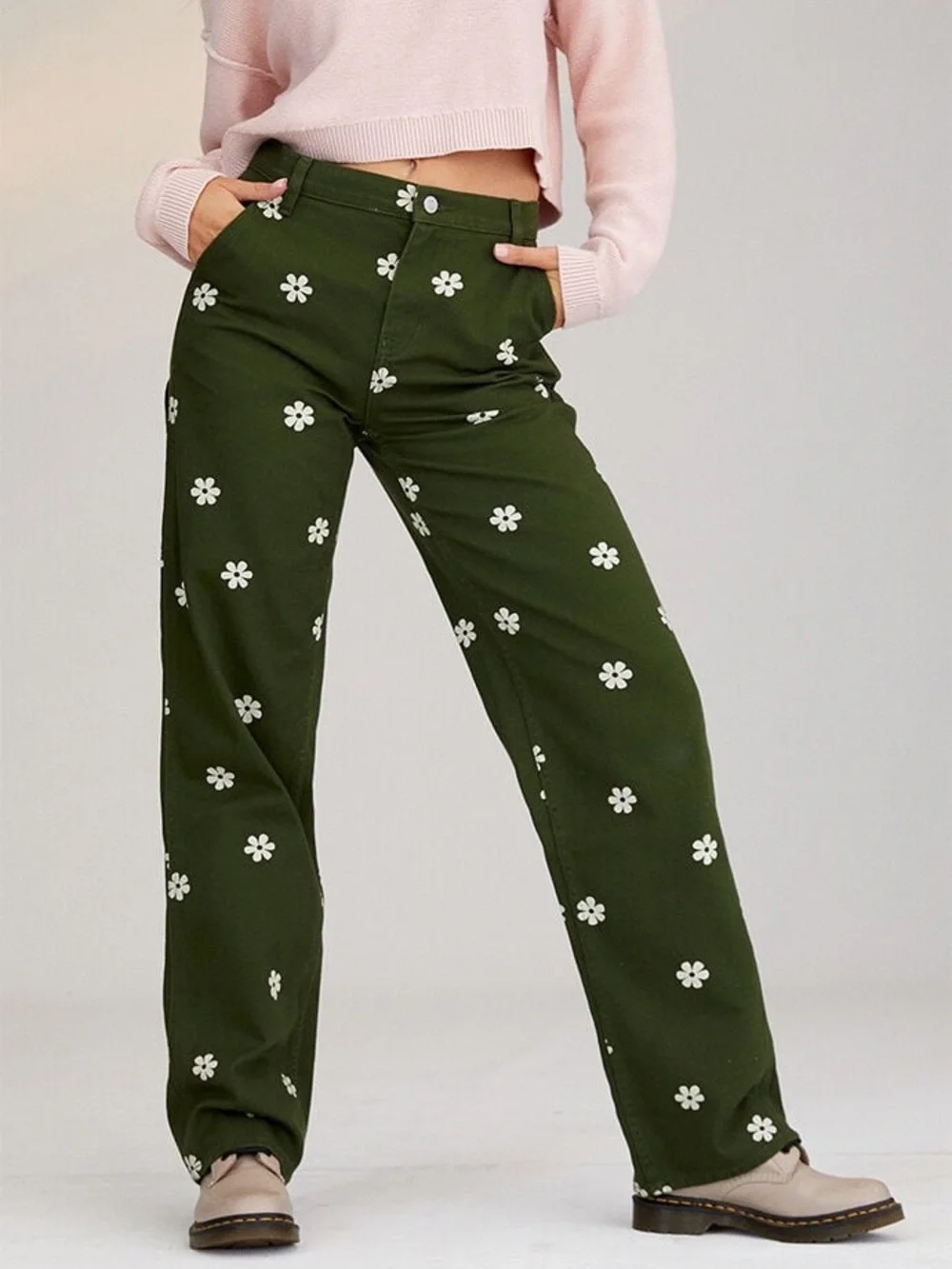 PacSun Green Floral Baggy Carpenter Straight Leg Jeans